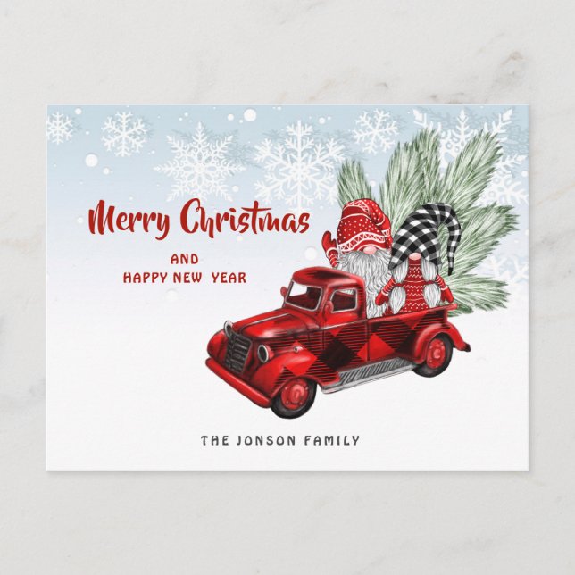 Carte Postale Retro Red Truck Gnomes Noël voeux de Noël (Devant)