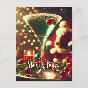 Carte Postale Retro Santa Noël Martini Vert des années 50