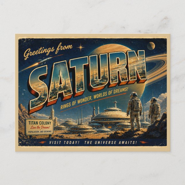 Carte postale rétro sci-fi de Vénus | Voyage spati (Devant)
