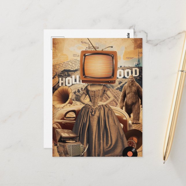 Carte Postale Rétro Sepia TV Femme Sasquach (Devant/Arrière en situation)