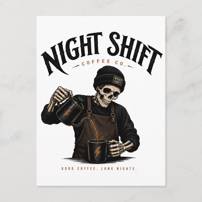 Carte Postale Retro Skeleton Barista Équipe de Nuit Café Co (Devant)