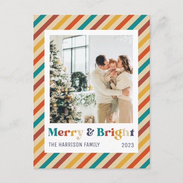 Carte Postale Retro Stripes Merry & Bright Family Photo (Devant)