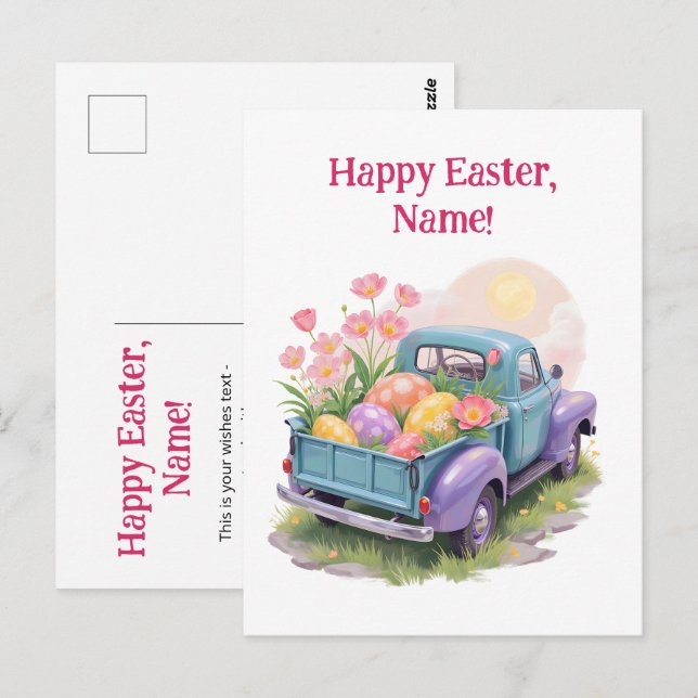 Carte Postale Retro Teal & Purple Truck with Easter Eggs (Devant / Derrière)