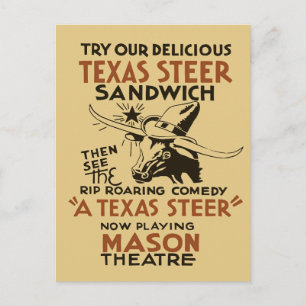 Carte Postale Retro Texas Steer Sandwich et théâtre jouer de la 