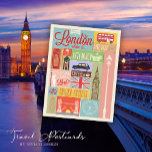 Carte Postale Retro vintage Bienvenue à Londres Travel<br><div class="desc">Faites un voyage nostalgique au coeur du Royaume-Uni avec notre Vintage Retro Welcome to London Travel Postcard. Doté d'une typographie rétro audacieuse, de couleurs vintages feutrées et d'une imagerie londonienne emblématique, cette carte postale capture le charme intemporel de la capitale britannique. Idéal pour les amateurs de voyages, les collectionneurs de...</div>