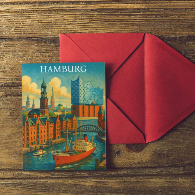 Carte Postale Retro Vintage Hambourg Allemagne Elbphilharmonie (Colorful vintage Hamburg Germany travel postcard)