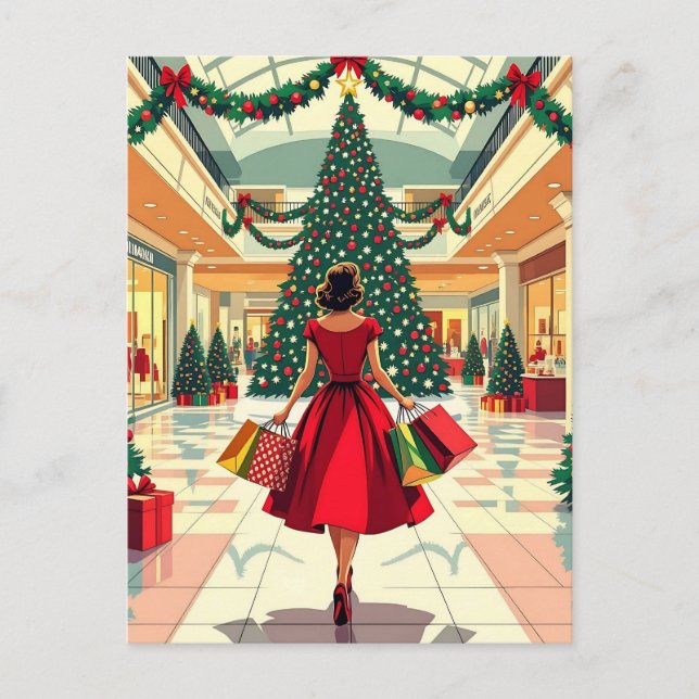 Carte Postale Retro Woman Shopping Mid Century Christmas (Devant)