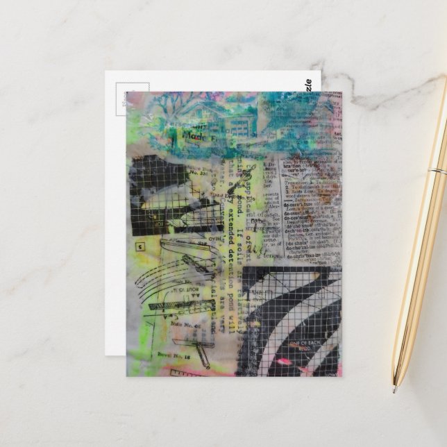 Carte Postale Retro Woodworking Abstract mixed media collage  (Devant/Arrière en situation)