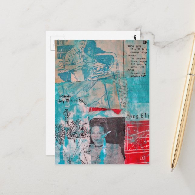 Carte Postale Retro Woodworking Man Woman Flowers Collage  (Devant/Arrière en situation)