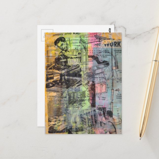 Carte Postale Retro Woodworking Men Mixed Media Collage  (Devant/Arrière en situation)