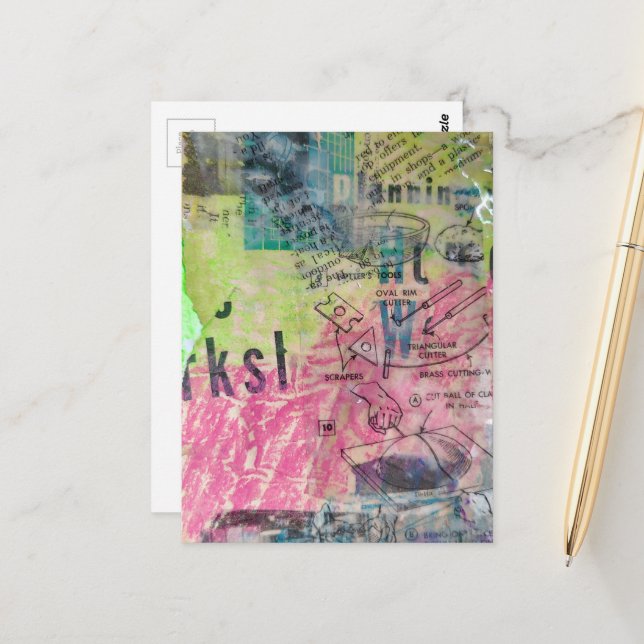 Carte Postale Retro Woodworking mixed media collage colorful (Devant/Arrière en situation)