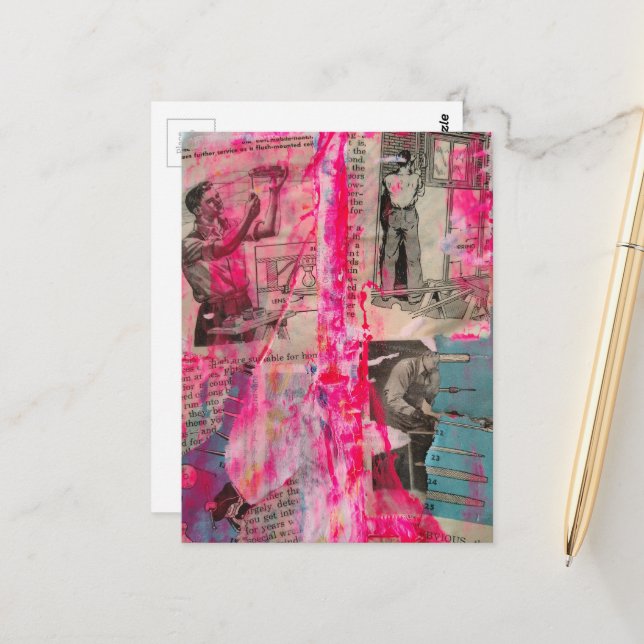 Carte Postale Retro Working Men Black White Pink Blue (Devant/Arrière en situation)