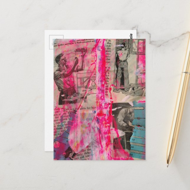 Carte Postale Retro Working Men on a Pink Background (Devant/Arrière en situation)