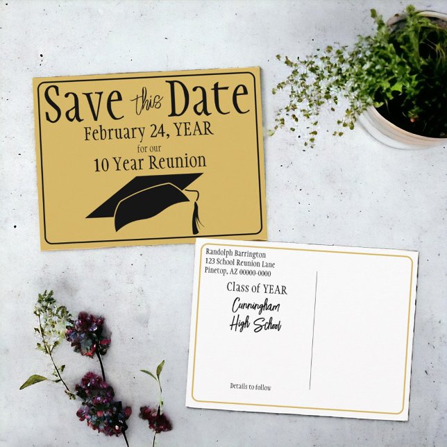 Carte Postale Réunion De Classe Enregistrer La Date Black Gold (Easy to personalize black and gold class reunion save the date announcement. )