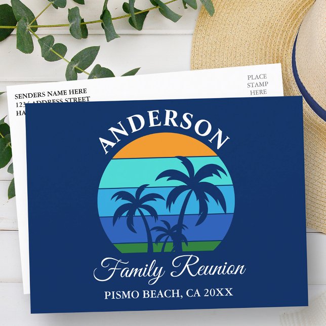 Carte Postale Reunion Famille Summer Beach Palm Trees Bleu (Customize to change text size, style or color.)