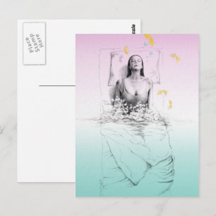 Carte Postale Réveil Femme Natation Couleurs pastel Art surréali