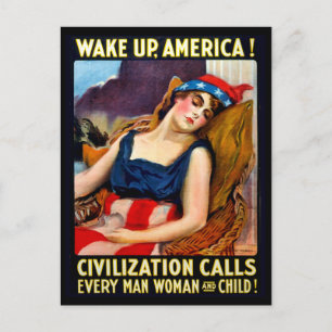 Carte Postale Réveillez-vous l'Amérique, femme patriote dort, gu