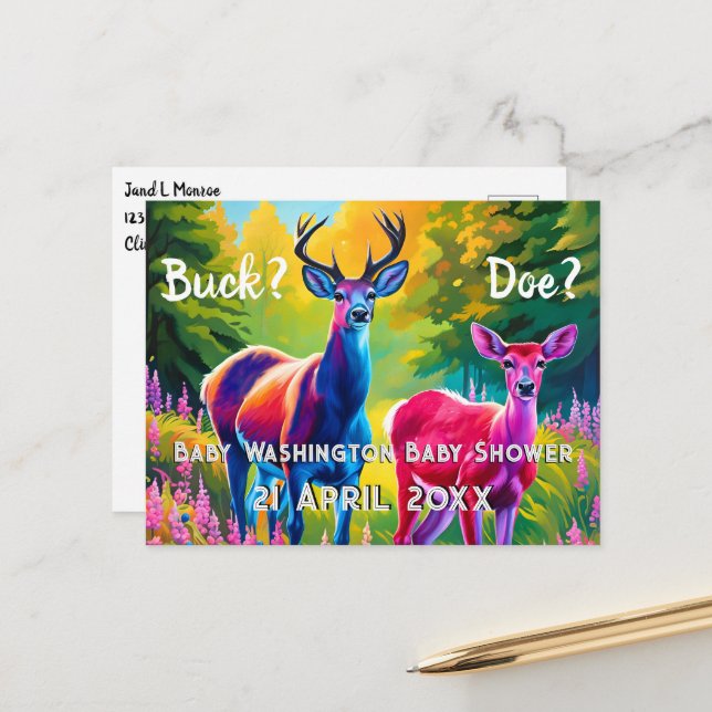 Carte Postale Révélation de genre des cerfs roses et bleus (Devant/Arrière en situation)