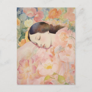 Carte Postale Rêverie en fleurs – Femme endormie à l'aquarelle