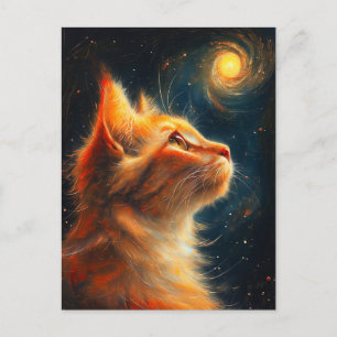 Carte Postale Rêveur Cosmique Chat Roux Gazeant les Étoiles