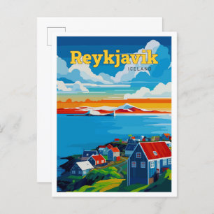 Carte Postale Reykjavik Islande Art Voyage Illustration Vintage