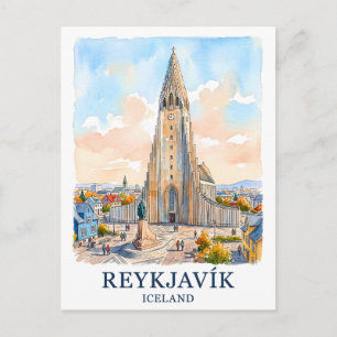 Carte Postale Reykjavik Islande Église Aquarelle Toit Voyage