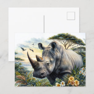 Carte Postale Rhino Aquarelle Art Botanique
