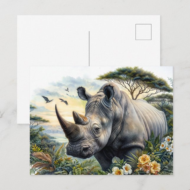 Carte Postale Rhino Aquarelle Art Botanique (Devant / Derrière)