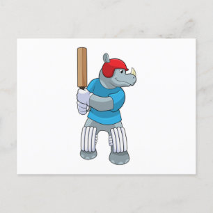 Carte Postale Rhino au cricket avec chauve-souris de cricket