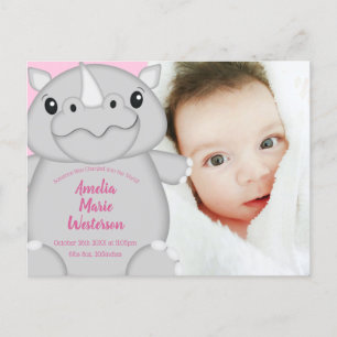 Carte Postale Rhino Baby shower Safari Rose fille