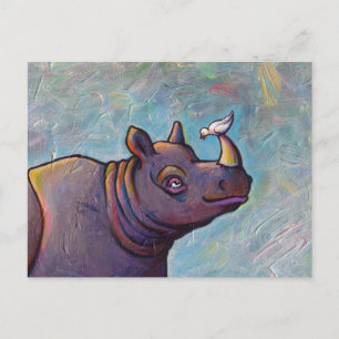 Carte Postale Rhinocéros art petit oiseau potins amusant peintur