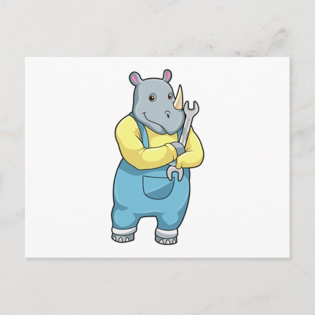 Carte Postale Rhinocéros en mécanicien avec clé à écrou (Devant)