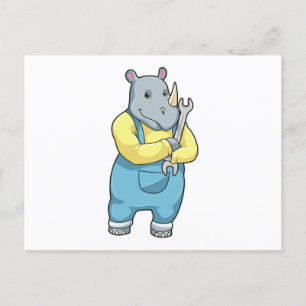 Carte Postale Rhinocéros en mécanicien avec clé à écrous