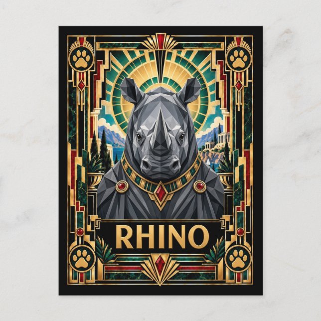 Carte Postale Rhinocéros, faune Art Déco (Devant)