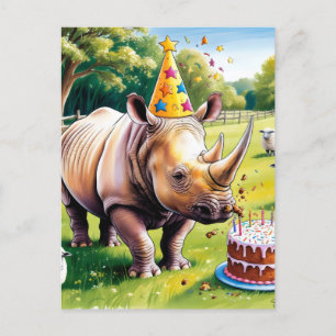 Carte Postale Rhinocéros portant un chapeau d'anniversaire dans 