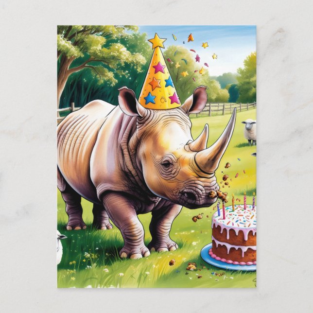 Carte Postale Rhinocéros portant un chapeau d'anniversaire dans  (Devant)