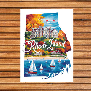 Carte Postale Rhode Island États-Unis État Forme Aquarelle Vinta