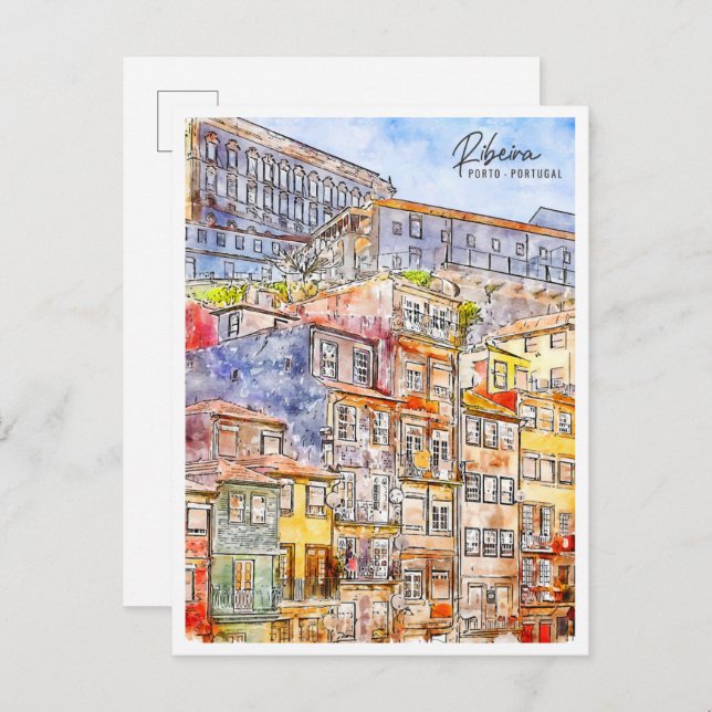 Carte Postale Ribeira Porto Portugal vin voyage aquarelle (Devant / Derrière)