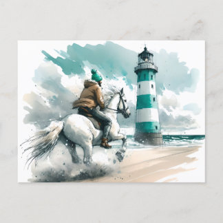 Carte Postale Rider et Cheval sur la plage - Aquarelle