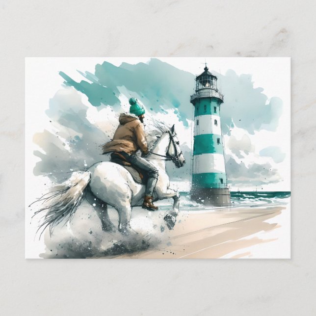 Carte Postale Rider et Cheval sur la plage - Aquarelle (Devant)