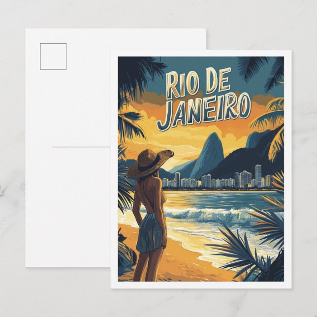Carte Postale Rio de Janeiro Brésil Illustration Vintage Voyage (Devant / Derrière)