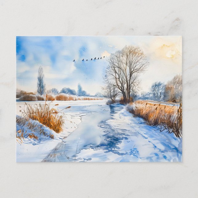 Carte Postale Rive enneigée en hiver Havelland Aquarelle (Devant)