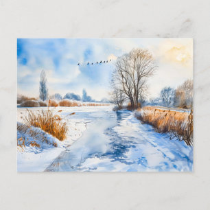 Carte Postale Riverbank neige en hiver Havelland Aquarelle