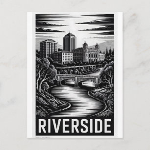 Carte Postale Riverside Californie Gravure sur bois noir et blan