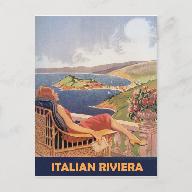 Carte Postale Riviera italienne, femme en terrasse de l'hôtel, v (Devant)