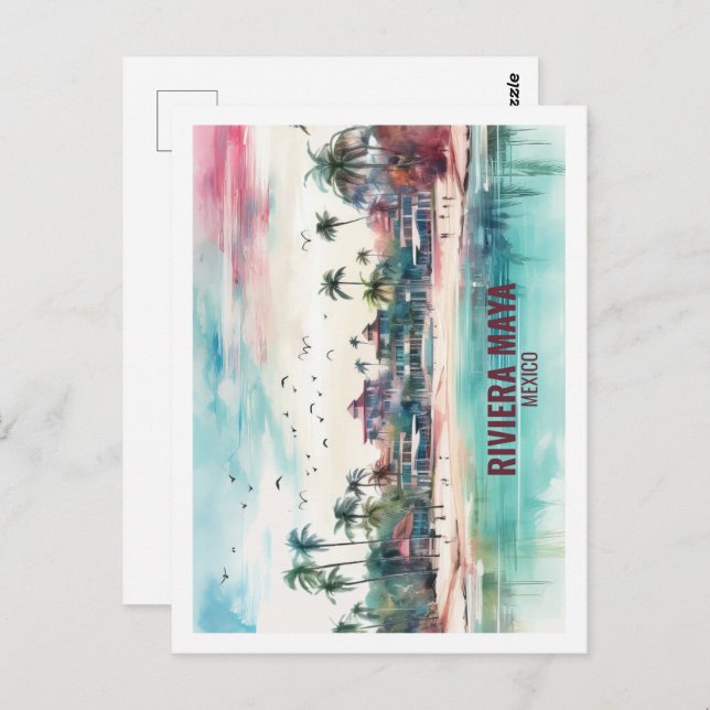 Carte Postale Riviera Maya Mexique Lieu de voyage célèbre aquare (Devant / Derrière)