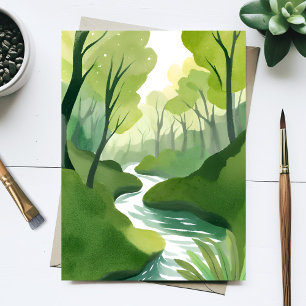 Carte Postale Rivière de Green   Peinture aquarelle de forêt