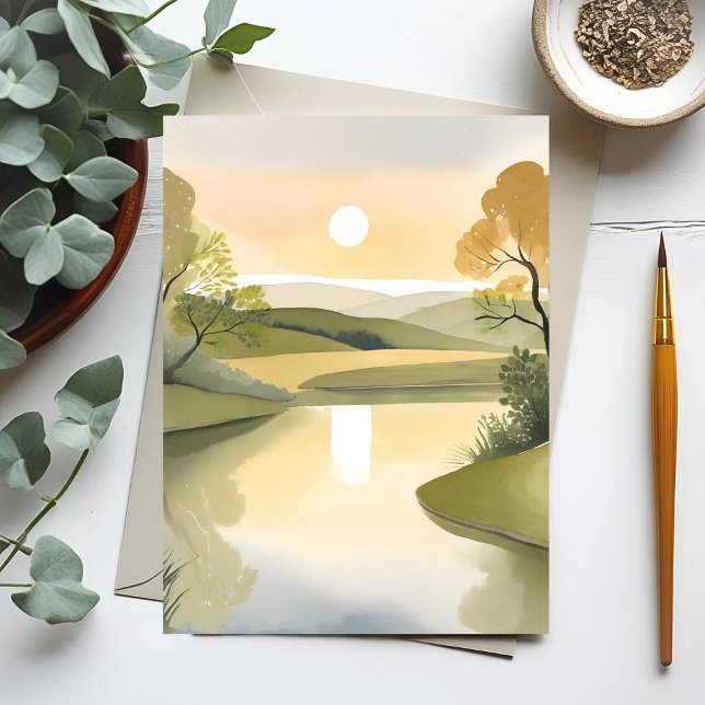 Carte Postale Rivière Sunrise | Aquarelle jaune (Créateur téléchargé)