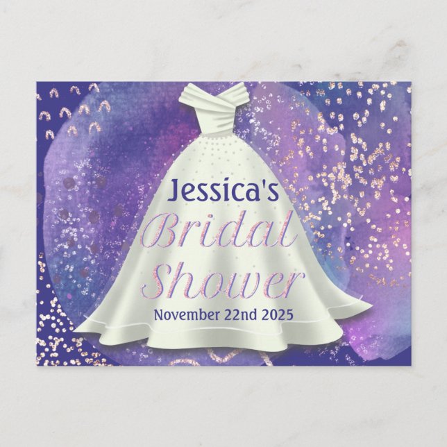 Carte Postale Robe de mariée de douche nuptiale Violet et Or ros (Devant)