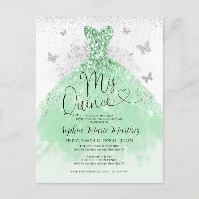 Carte Postale Robe en argent vert Sage Mis Quince Quinceañera (Devant)